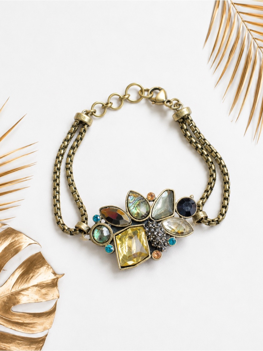 Blue Flower Crystal Rhinestone Vintage Gold Statement Bracelet Antique Gold Tone